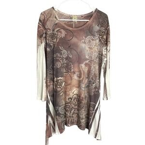 Jess & Jane Beaded Tunic Top Womens XL Brown Floral‎ Paisley Asymmetrical